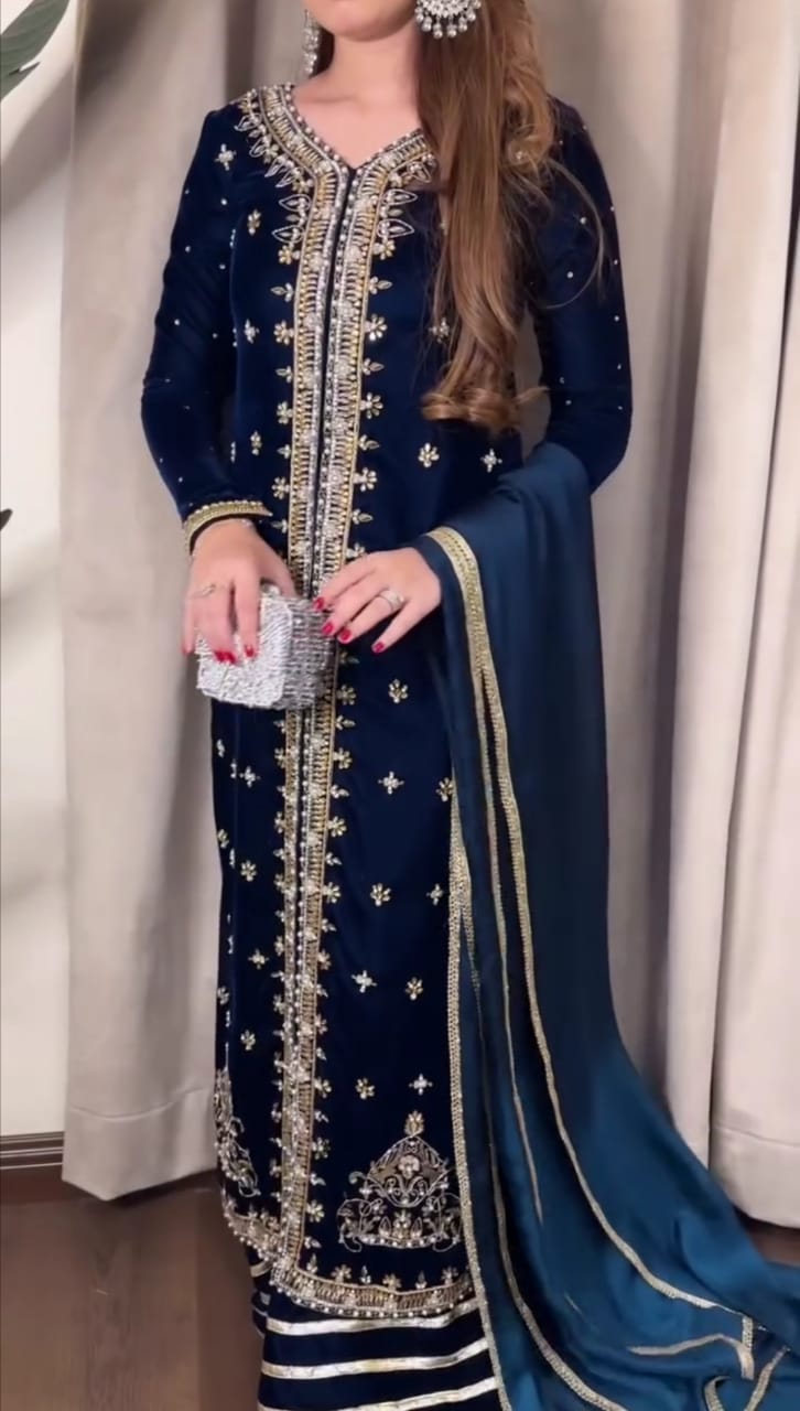 Velvet Embroidered Long Shirt 3Pc Suit