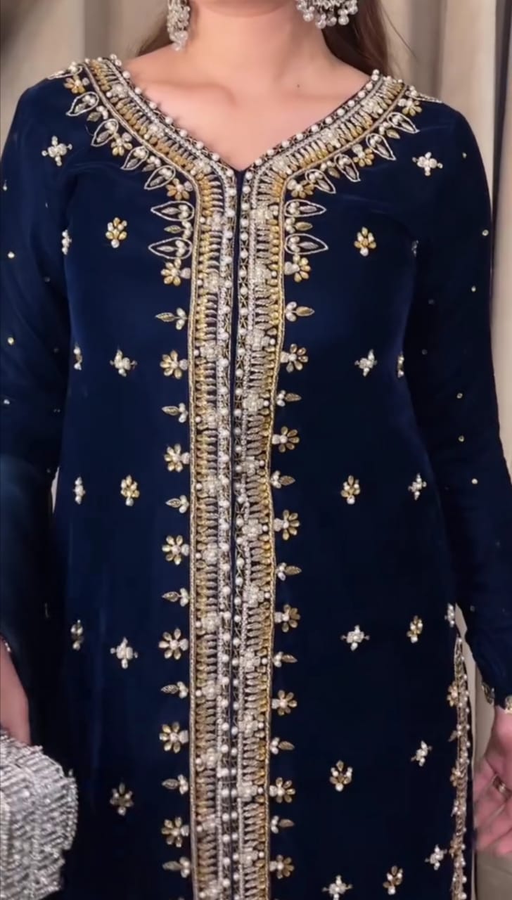 Velvet Embroidered Long Shirt 3Pc Suit