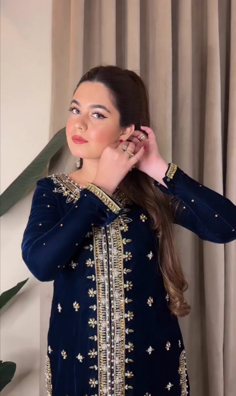 Velvet Embroidered Long Shirt 3Pc Suit